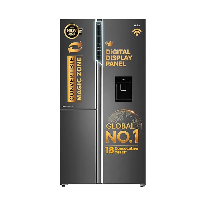 Haier 592 L 3 Star Frost Free Expert Inverter Smart Sense AI enabled 3-Door Side by Side Refrigerator (HRT-683WGKU1, Graphite Black, Magic Convertible, In-built Water Dispenser, 2026 Model)