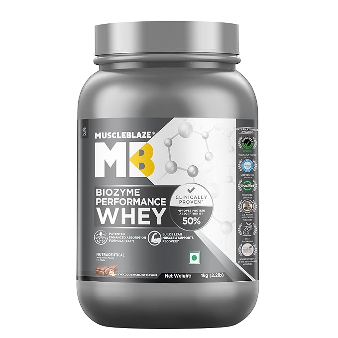 MuscleBlaze Biozyme Performance Whey Protein Powder, 1kg (2.2lbs) | Chocolate Hazelnut | 25g Protein Per Scoop | Clinically Tested 50% Higher Protein Absorption