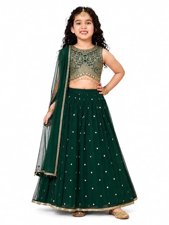 A.T.U.N. (ALL THINGS UBER NICE) Zardozi Thread Work Embroidered 3 Piece Crinkled Lehenga Set with Dupatta and Padded Choli Top for Girls | Designer Festive Ethnic Wear Outfit