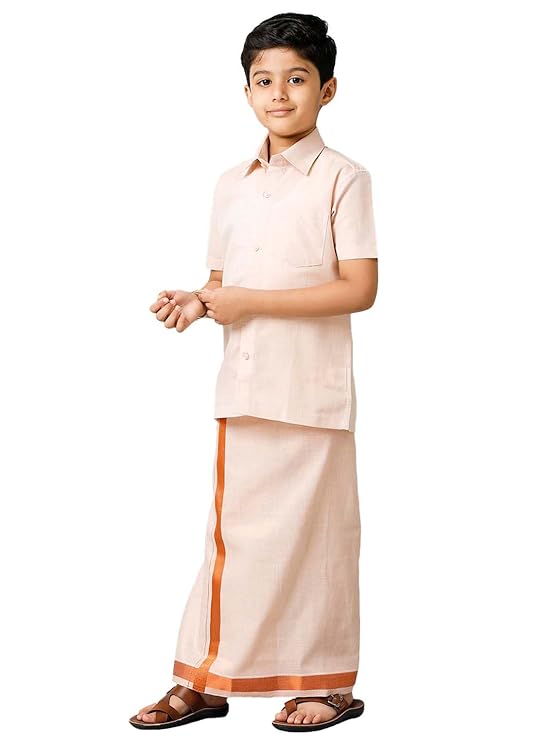 RAMRAJ COTTON Boy'S Tissue Jari Half Sleeve Shirt Dhoti Set Sankalpam Designed For Special Occasions