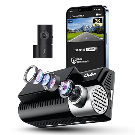 Qubo Car Dashcam Pro 3K [2026 Edition] Sony STARVIS 2 IMX675 Sensor| Dual Channel | Hero Group | NightPulse Vision | 5MP UHD Front Wide, 2MP FHD Rear | 3.2