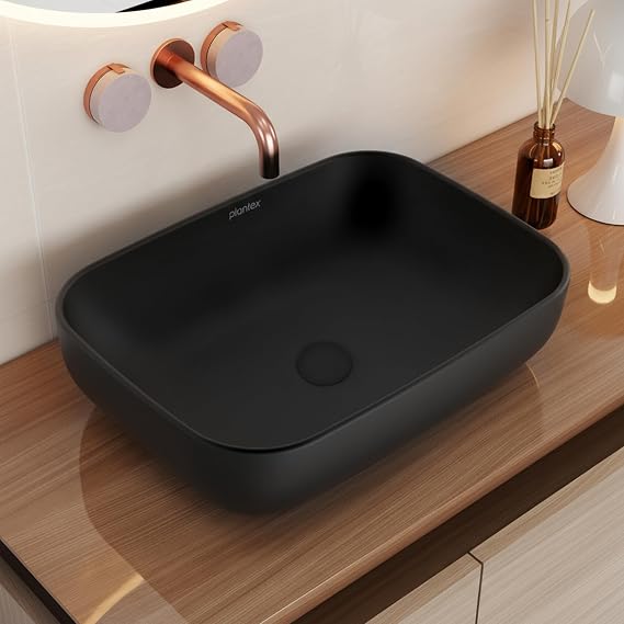 Plantex Ceramic Tabletop Basin Sink/Black Wash Basin for Bathroom/Washbasin for Restaurant/Hotel (Black -18 x 13 x 5.5 Inch)